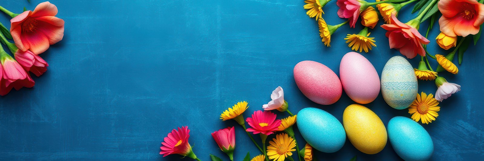 Colorful Easter eggs and flowers arranged on a blue surface for festive spring celebration